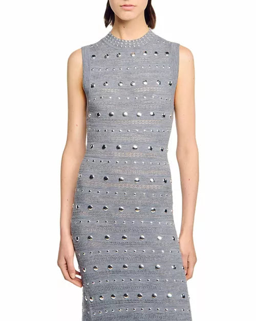 VALERIE STUDDED KNIT SLEEVELESS MIDI DRESS GRAY
