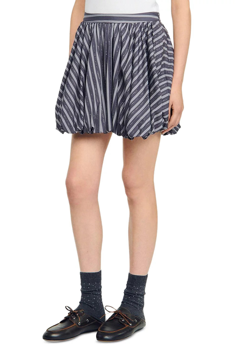 STRIPED RHINESTONE BUBBLE HEM SKIRT GREY