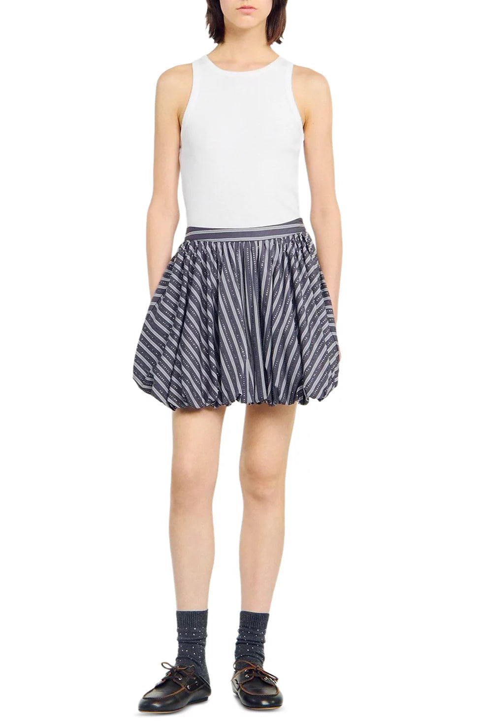 STRIPED RHINESTONE BUBBLE HEM SKIRT GREY