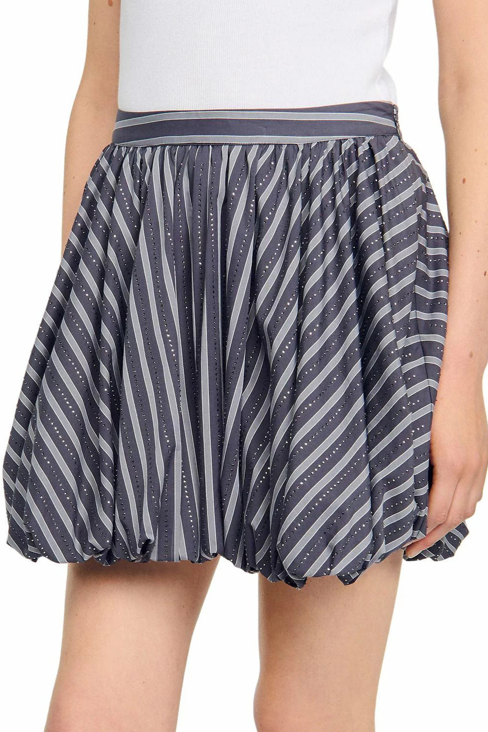 STRIPED RHINESTONE BUBBLE HEM SKIRT GREY