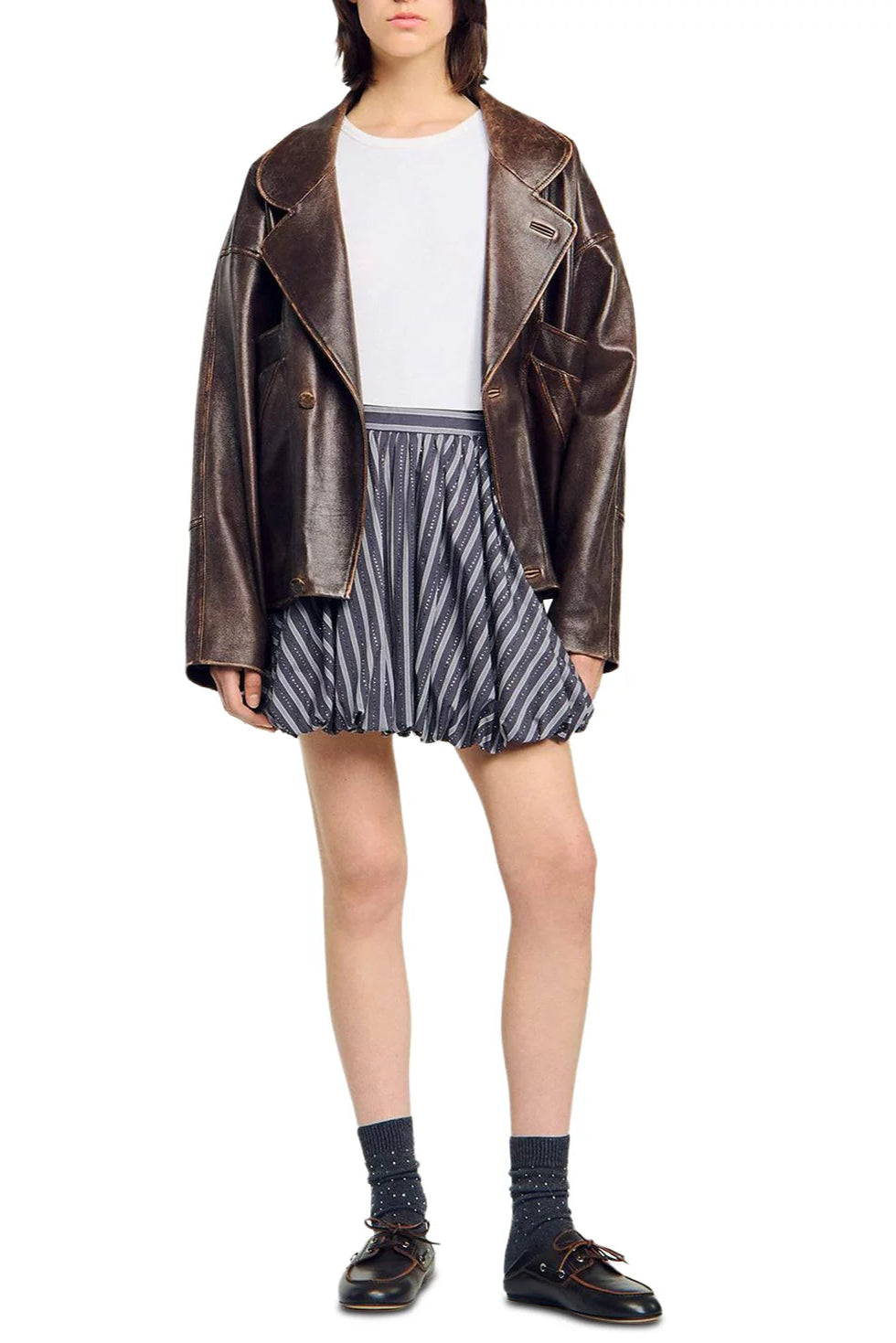 STRIPED RHINESTONE BUBBLE HEM SKIRT GREY