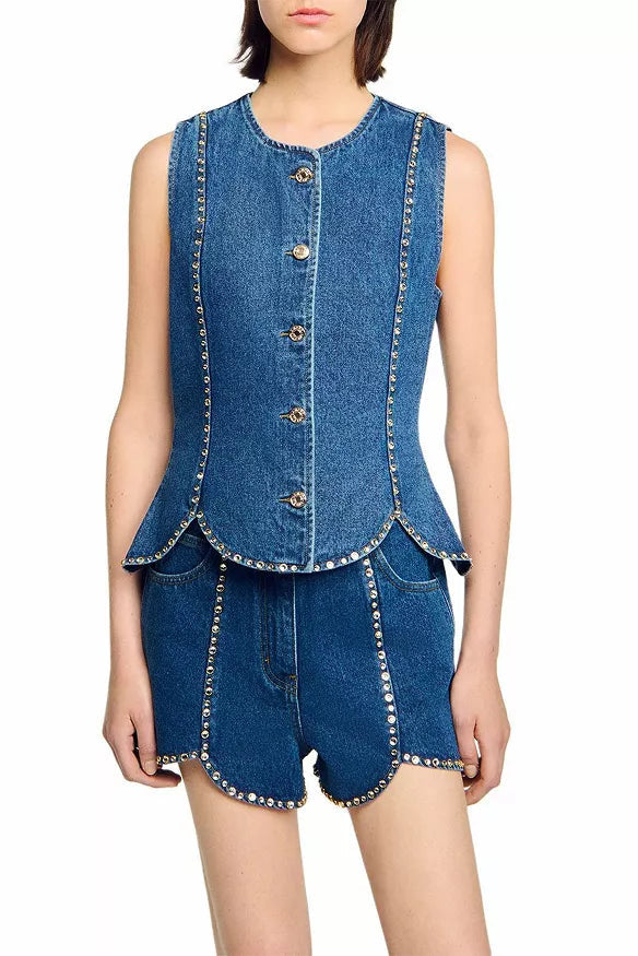 RHINESTONE DENIM TOP BLUE CASUAL PARTY