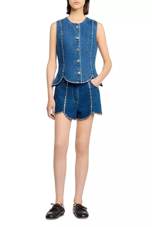 RHINESTONE DENIM TOP BLUE CASUAL PARTY