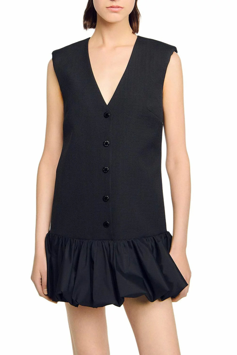 BUTTON FRONT BUBBLE HEM MINI DRESS, BLACK
