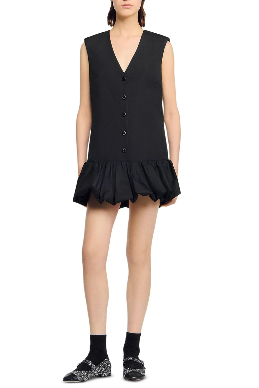 BUTTON FRONT BUBBLE HEM MINI DRESS, BLACK