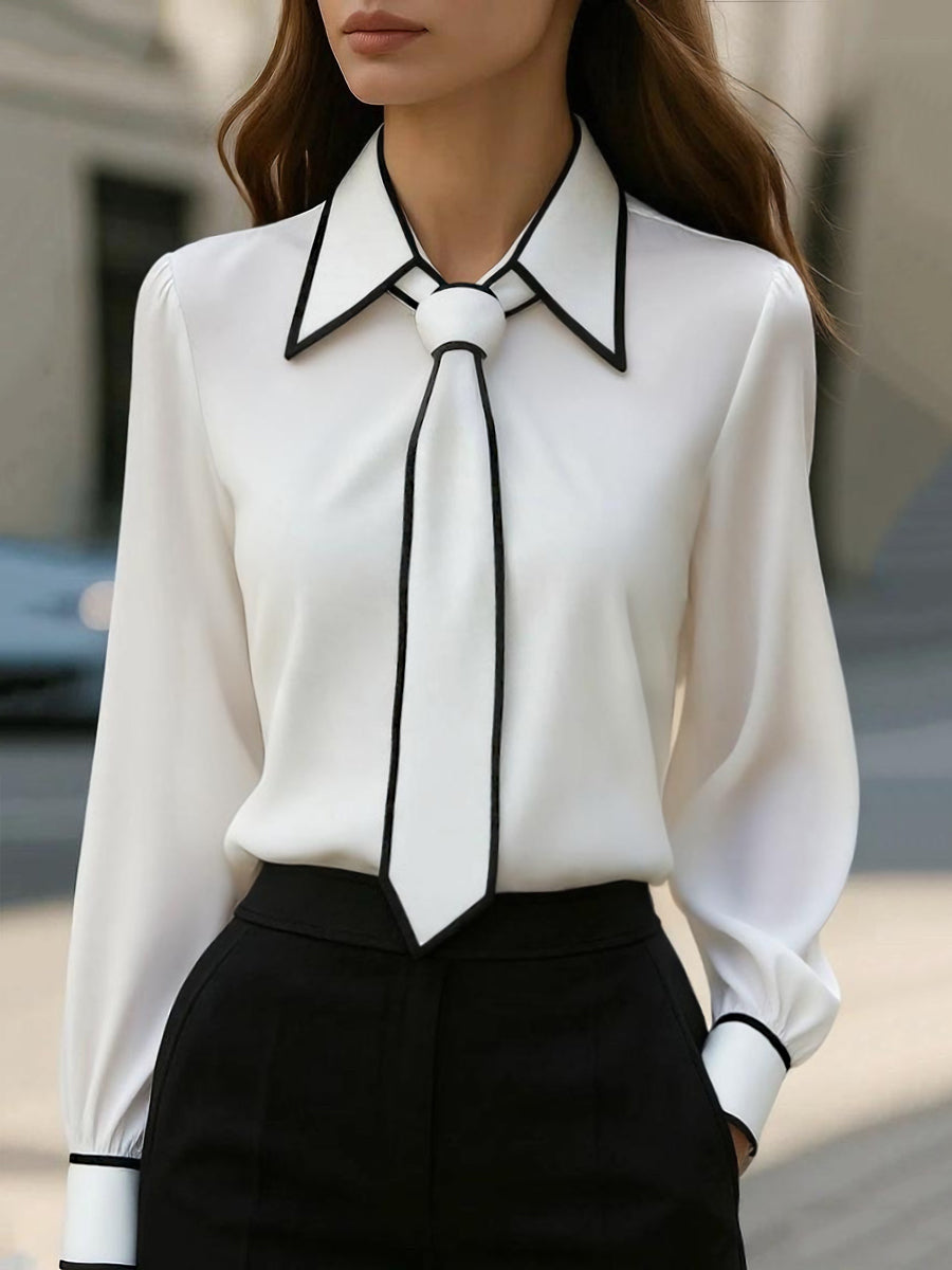 1492280b7396a07b0b82cbfa95525f52 CHIC CONTRAST TRIM TIE BLOUSE FOR WORK