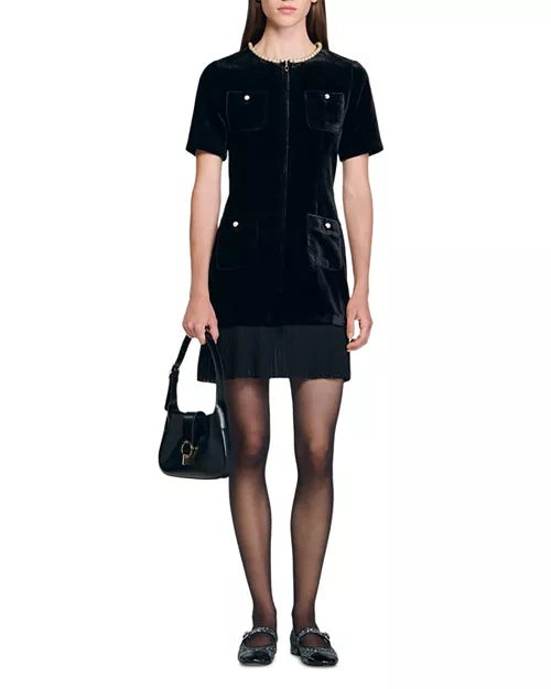 RIVA PATCHWORK VELVET MINI DRESS IN BLACK