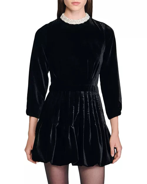 SHEILA BEADED VELVET PUFFY MINI DRESS, BLACK COCKTAIL