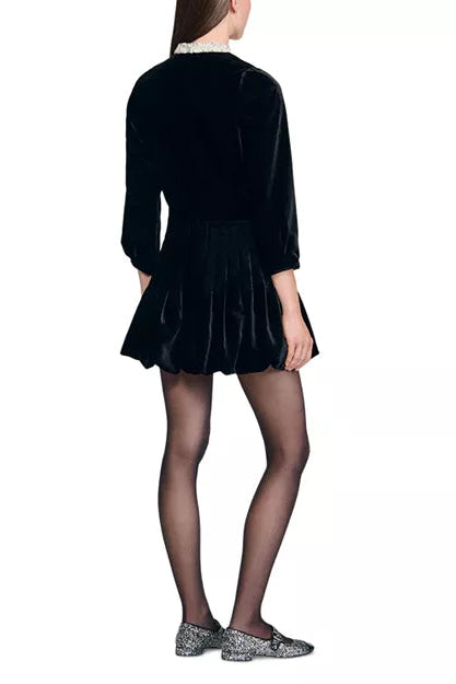 SHEILA BEADED VELVET PUFFY MINI DRESS, BLACK COCKTAIL
