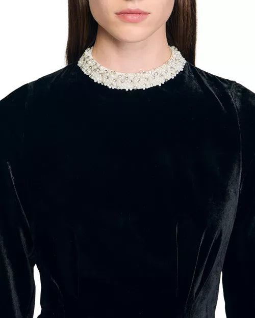 SHEILA BEADED VELVET PUFFY MINI DRESS, BLACK COCKTAIL