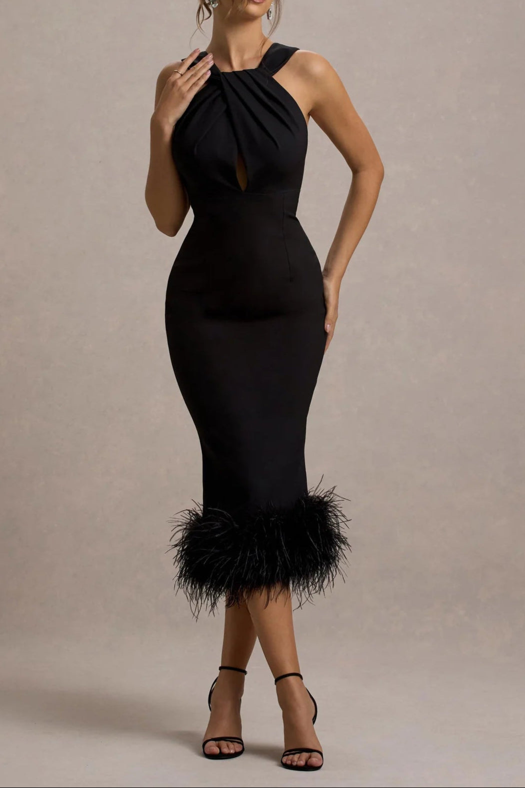 1499d2af-6506-41eb-b415-8ce8cdcb54a9 JENNY BLACK FEATHER HEM MIDI DRESS, TWIST NECK PARTY