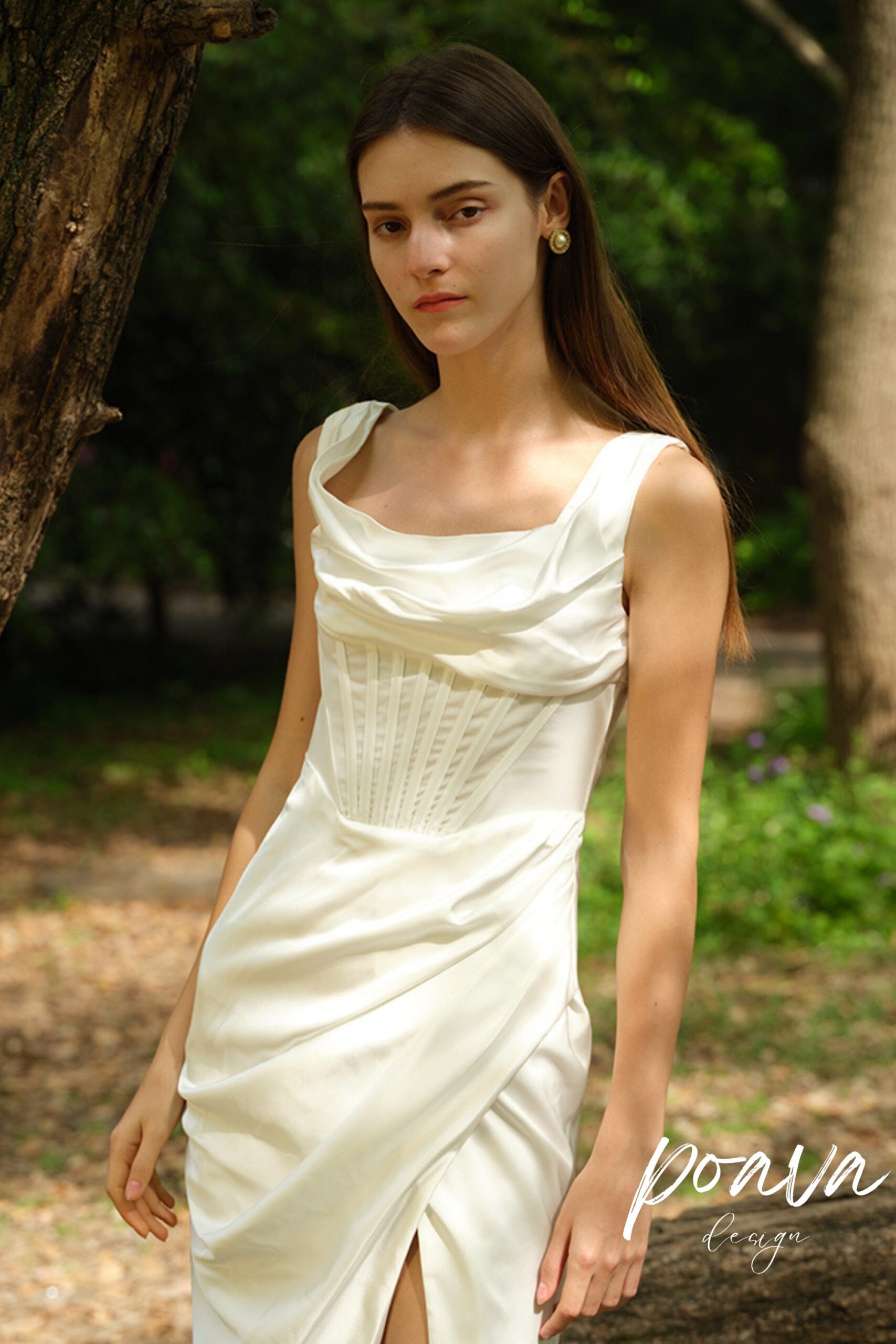 SATIN HIGH SPLIT MIDI DRESS IVORY WEDDING GUEST