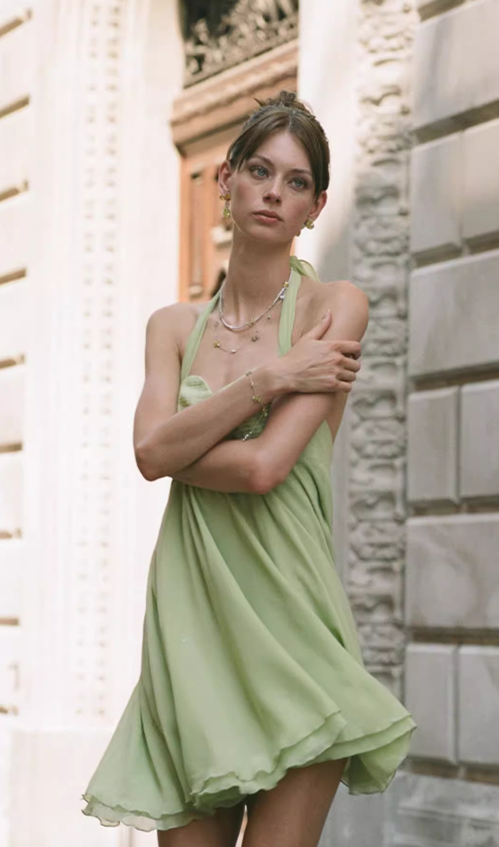 SLEEK PLEATED HALTER MINI DRESS IN GREEN