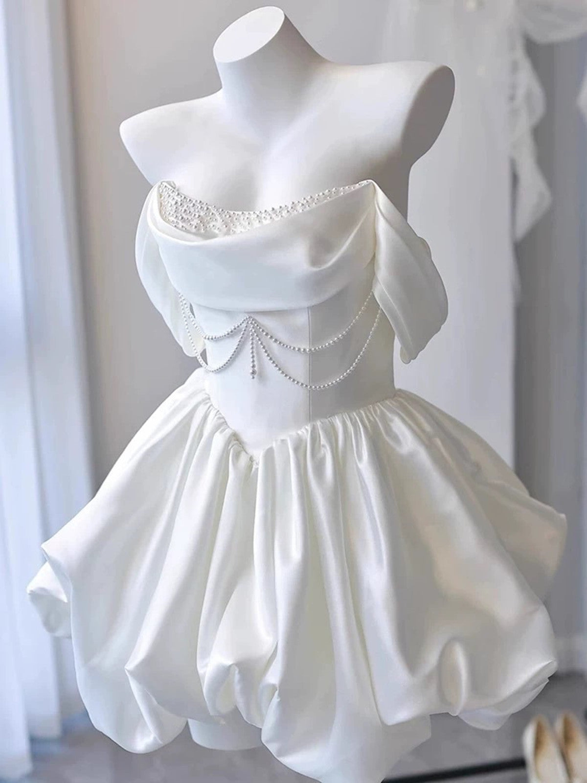 WHITE SATIN BEADED OFF-SHOULDER MINI DRESS