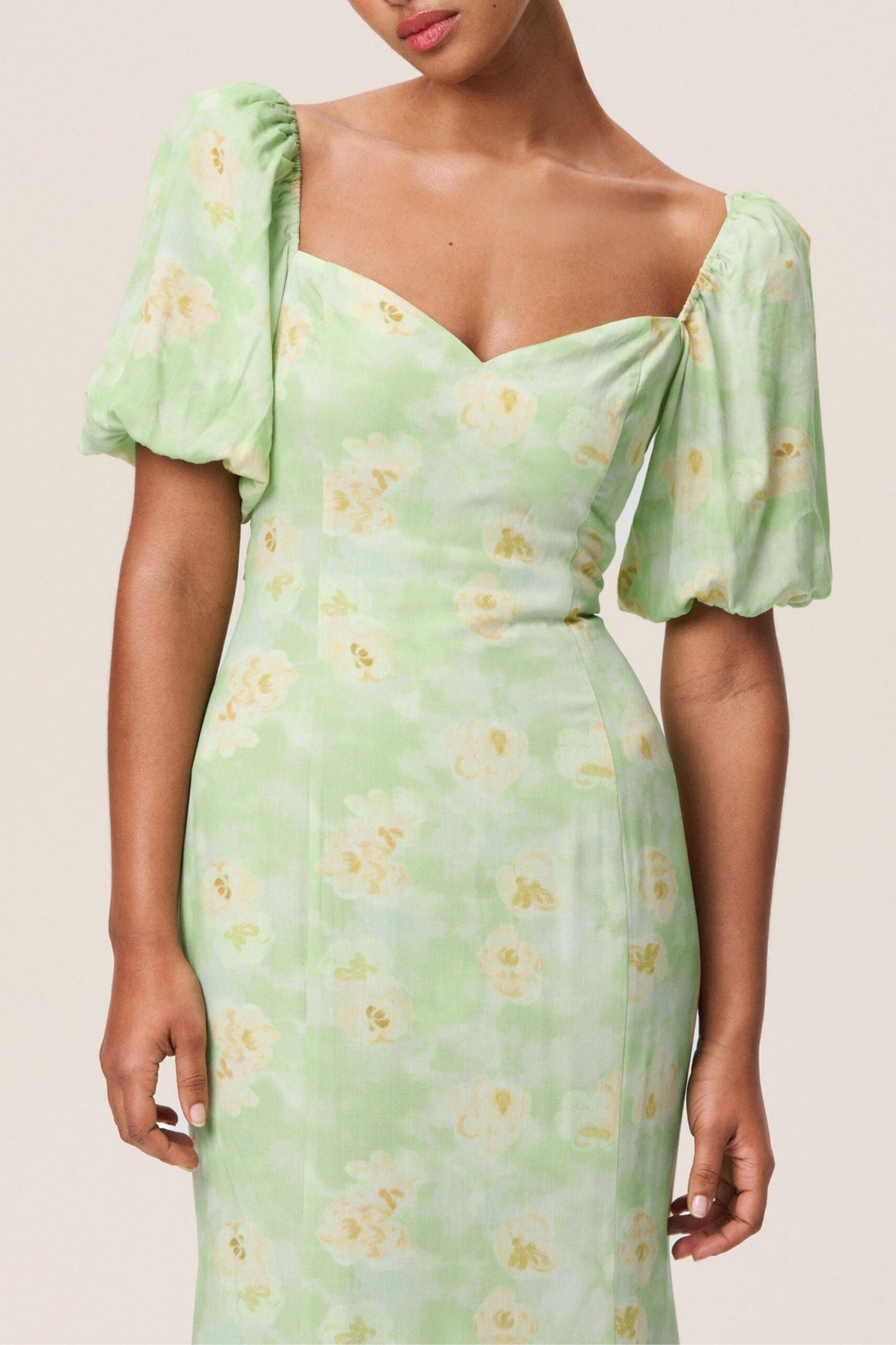 FLORAL PUFF SLEEVE MIDI DRESS FOR WEDDING GUEST