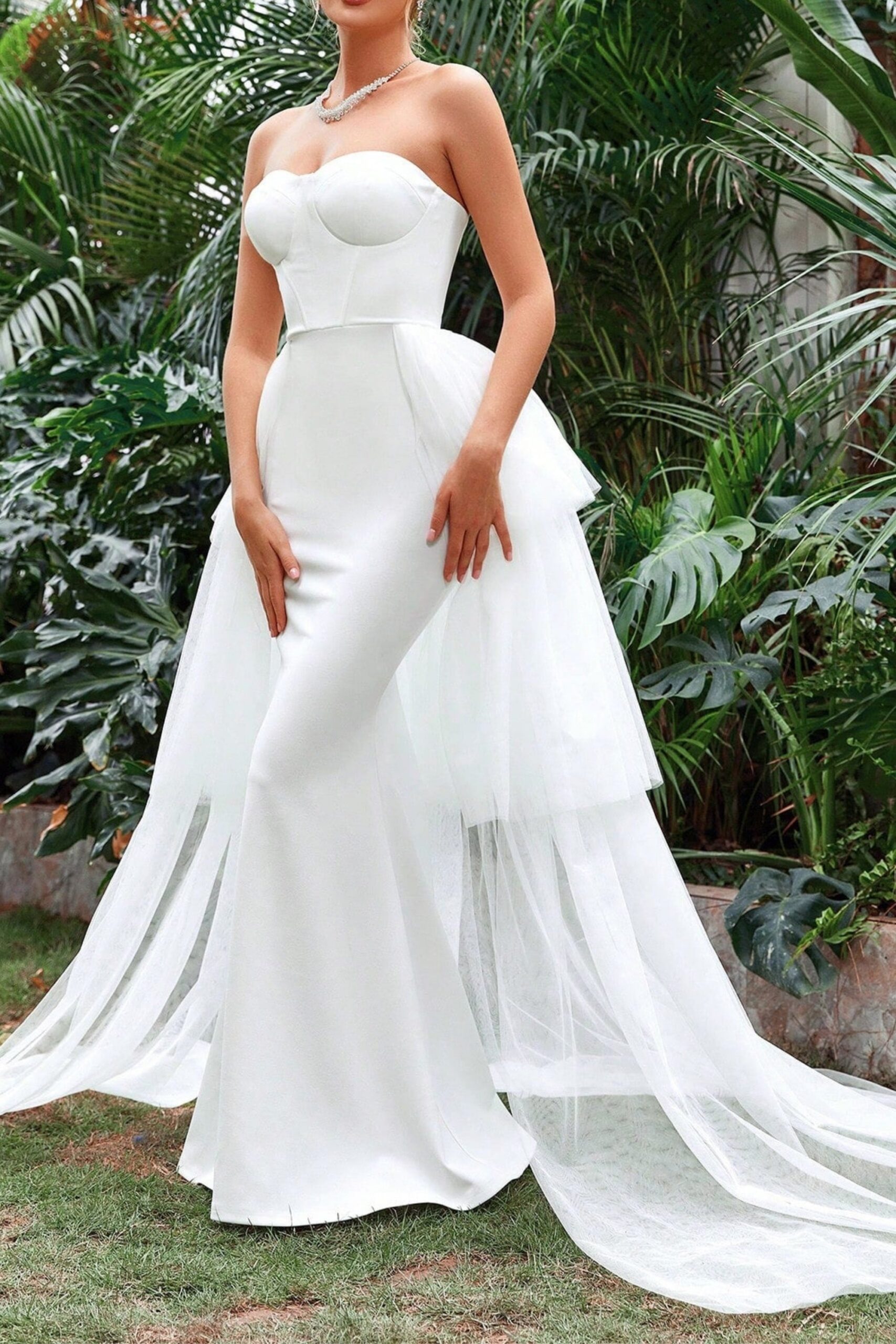 TUBE TOP MERMAID HEM LAYERED MESH DRESS