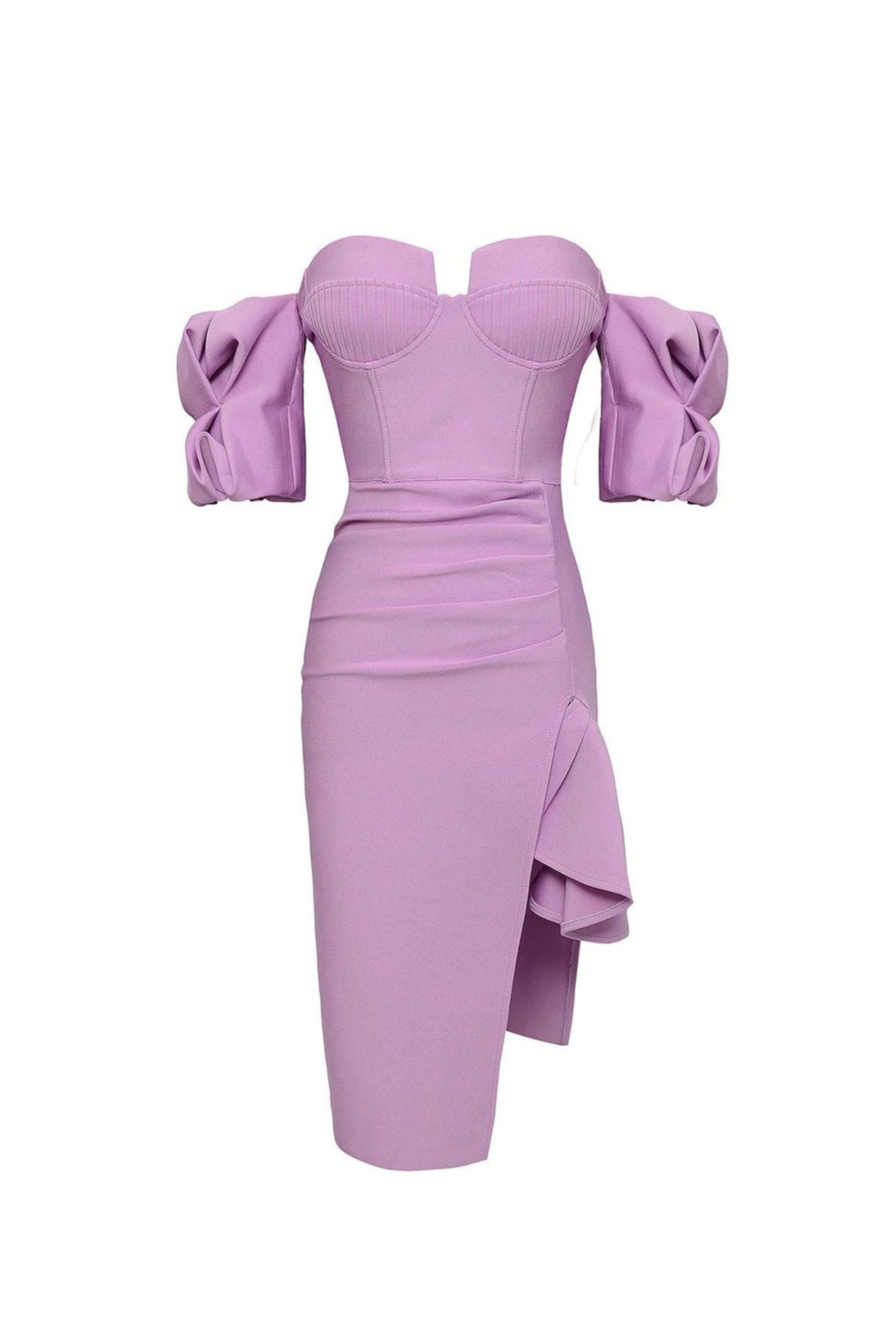 STRAPLESS BANDAGE DRESS WITH DRAPED SLEEVE SLITS