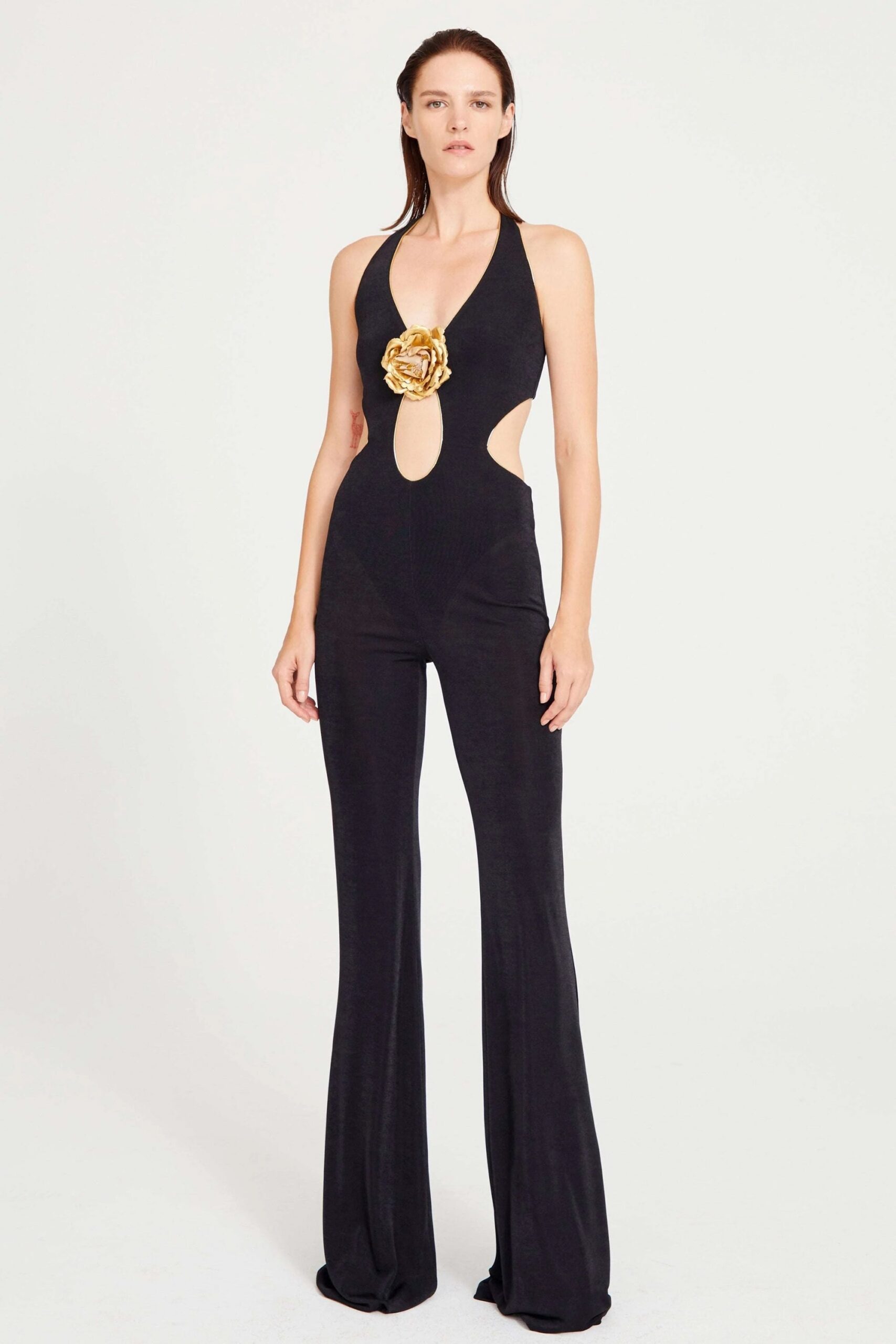 BLACK CUTOUT FLORAL JUMPSUIT FOR PARTY