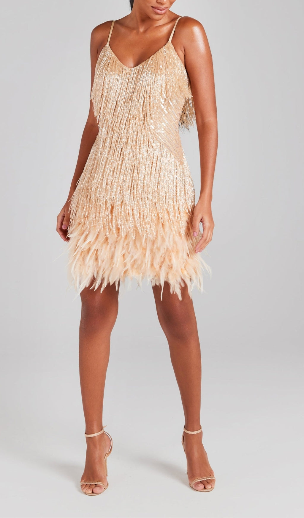 CHAMPAGNE TASSEL FEATHER MINI PARTY DRESS