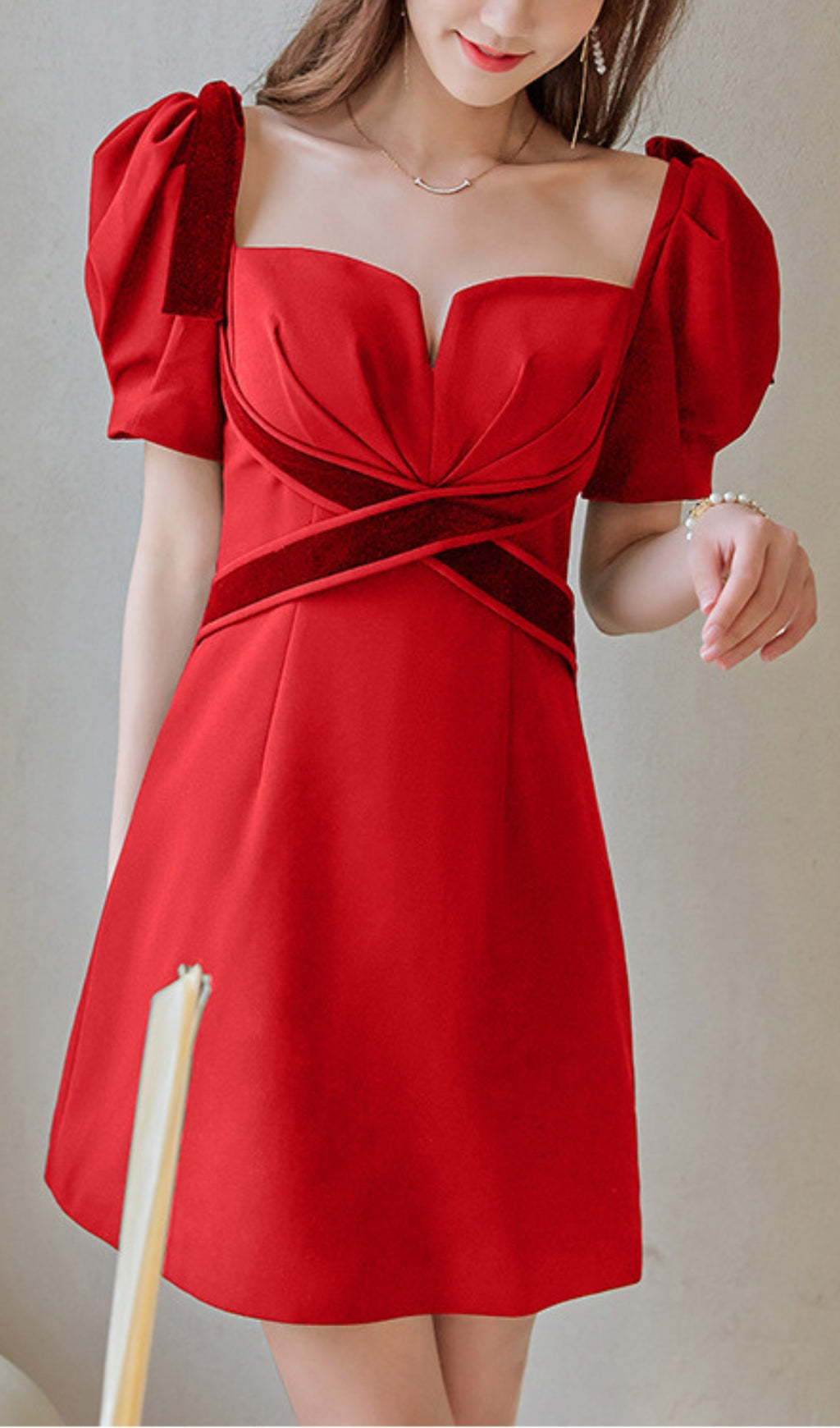 VELVET PUFF SLEEVE TIERED MINI DRESS RED