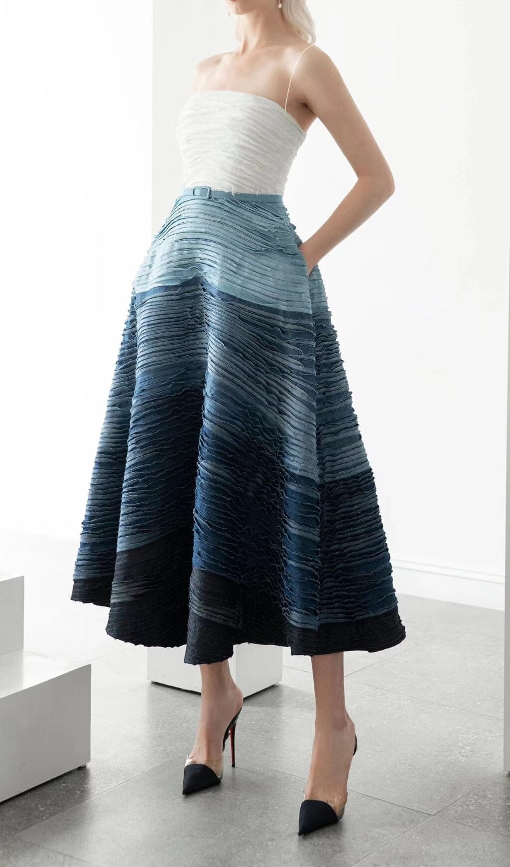 BLUE RIPPLE HALTER MIDI DRESS FOR WEDDING