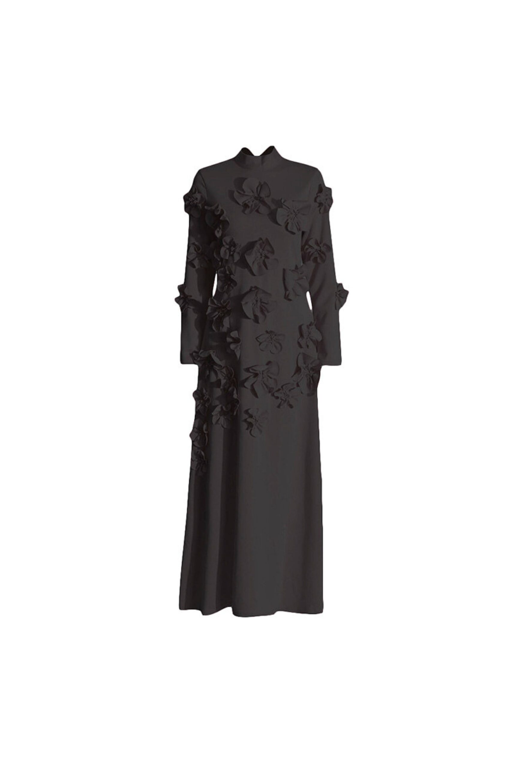 3D FLOWER STAND COLLAR LONG SLEEVE MIDI DRESS
