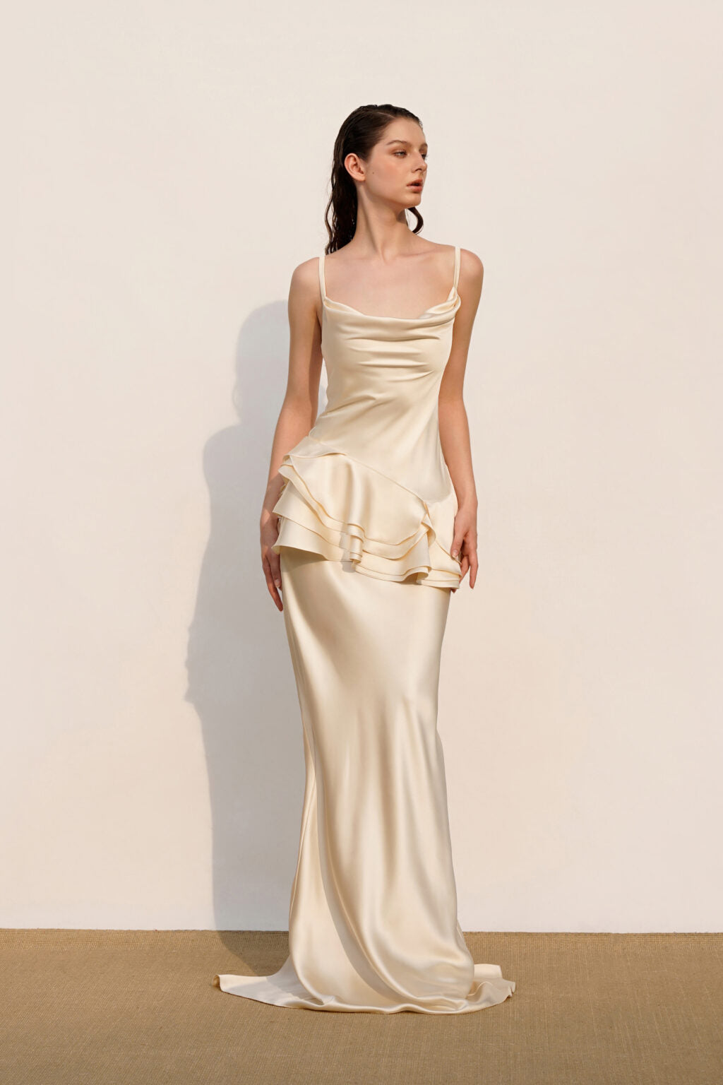 BEVERLY SPLICED RUFFLE SILK MAXI DRESS IN APRICOT