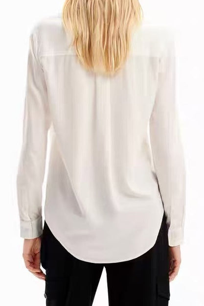 WHITE BUTTERFLY PRINT SHIRT, STRIPED CUFFS, CASUAL