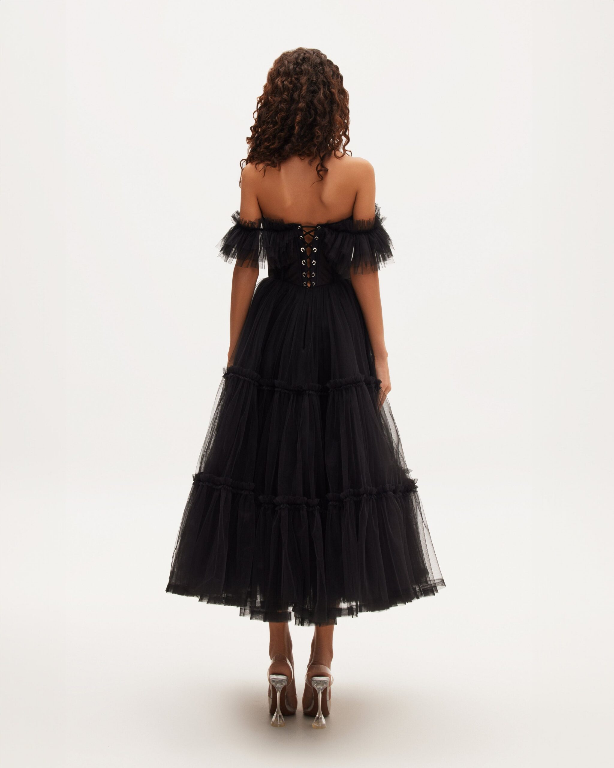 BLACK RUFFLED TULLE MIDI DRESS, COCKTAIL