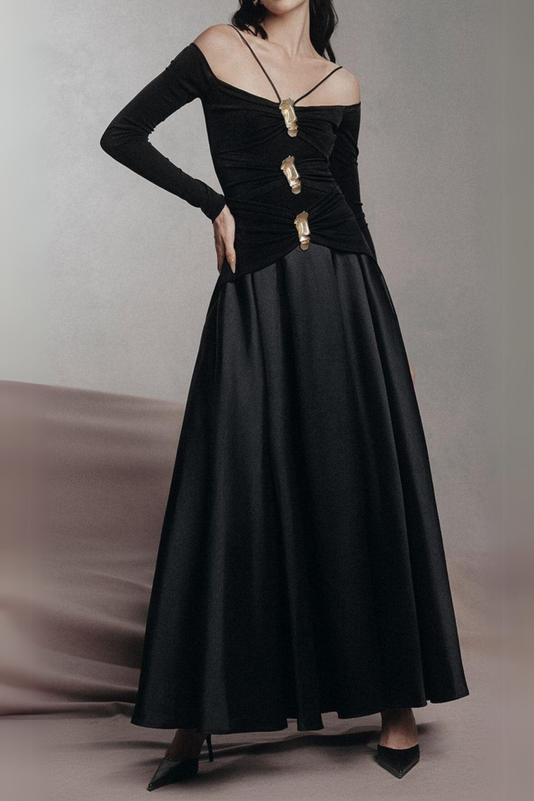 BLACK A-LINE COLD SHOULDER SPANDEX MAXI DRESS