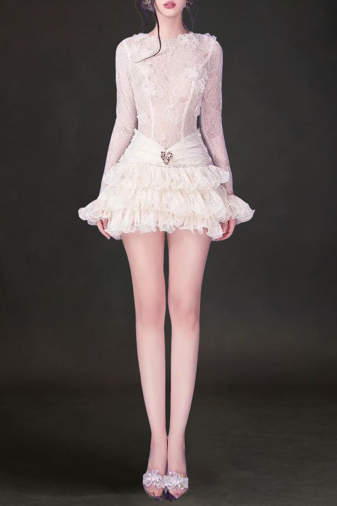 EUDORA LACE MINI DRESS WHITE, RUCHED EMBROIDERY PARTY