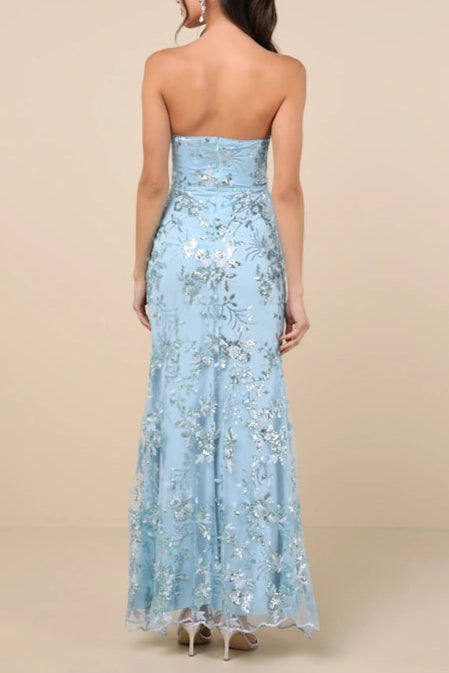 SEQUIN STRAPLESS BUSTIER MAXI DRESS BLUE
