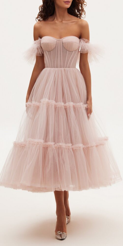 Misty Rose Ruffled Tulle Midi Dress