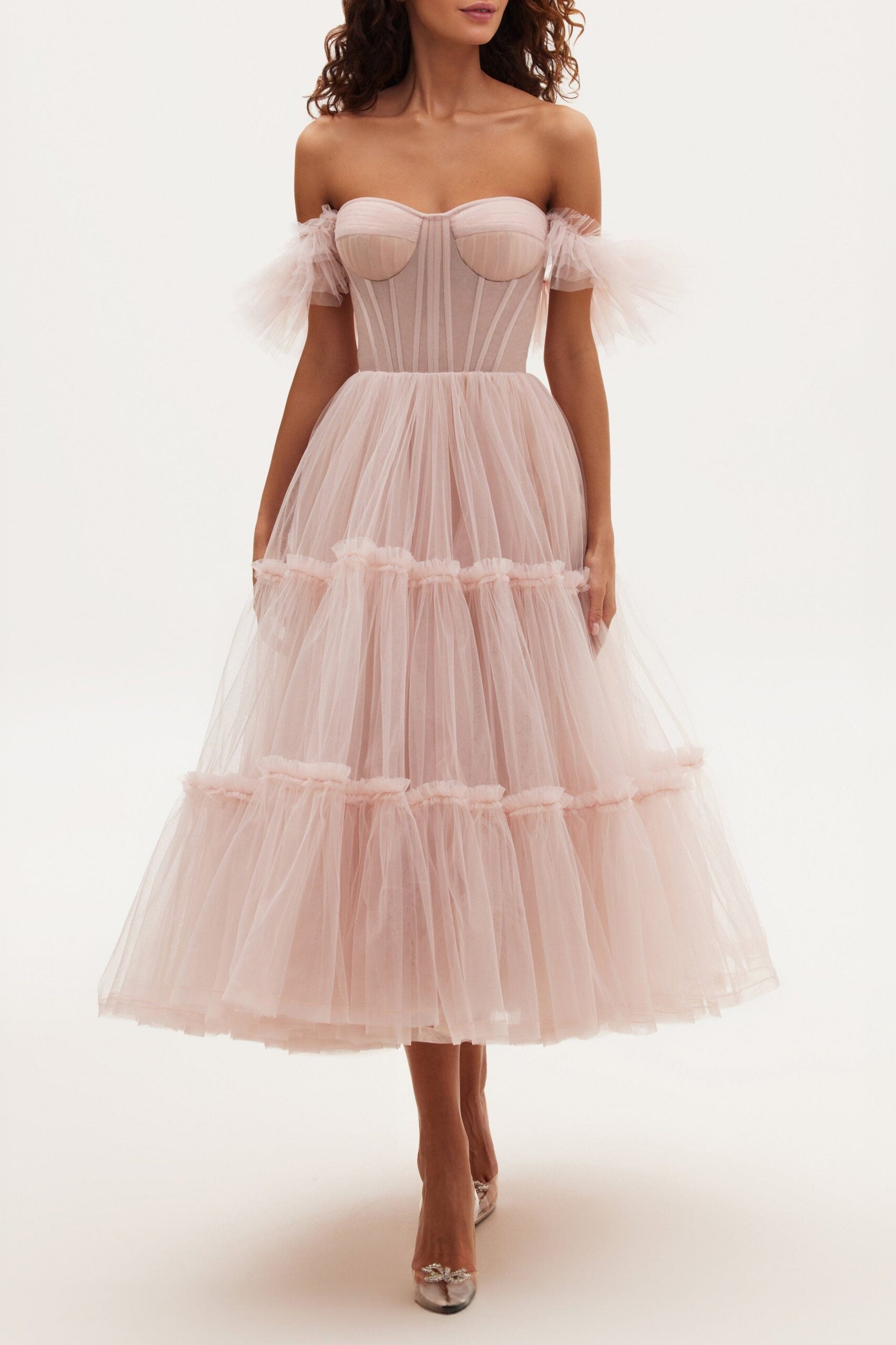 Misty Rose Ruffled Tulle Midi Dress