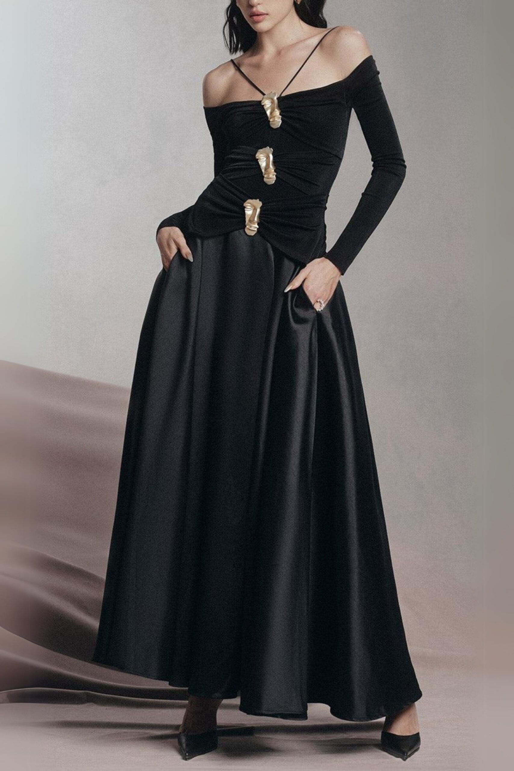 151_081305a4-fe50-46b8-818c-6e71b3cd678d BLACK A-LINE COLD SHOULDER SPANDEX MAXI DRESS