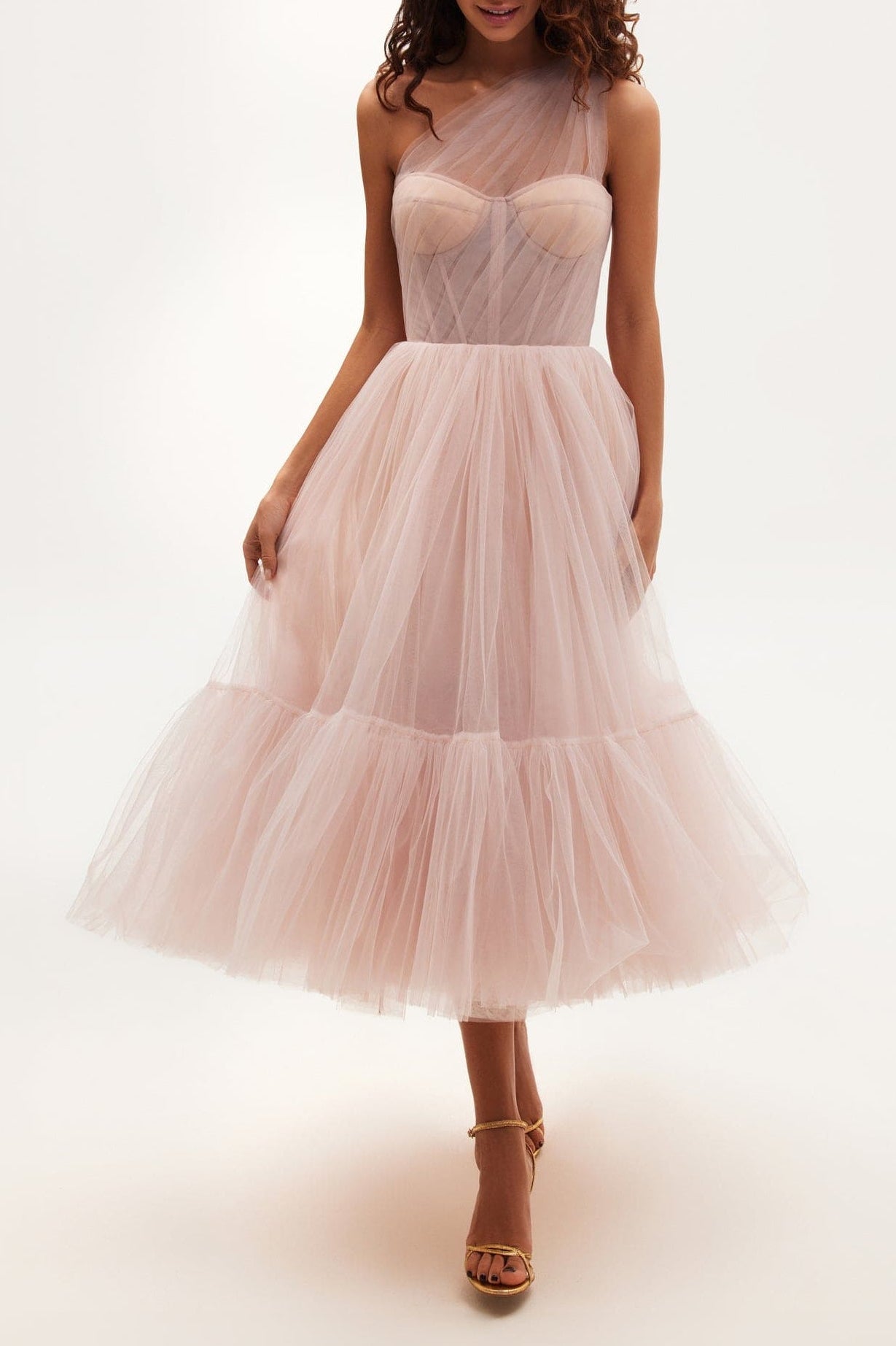 MISTY ROSE ONE-SHOULDER TULLE COCKTAIL DRESS