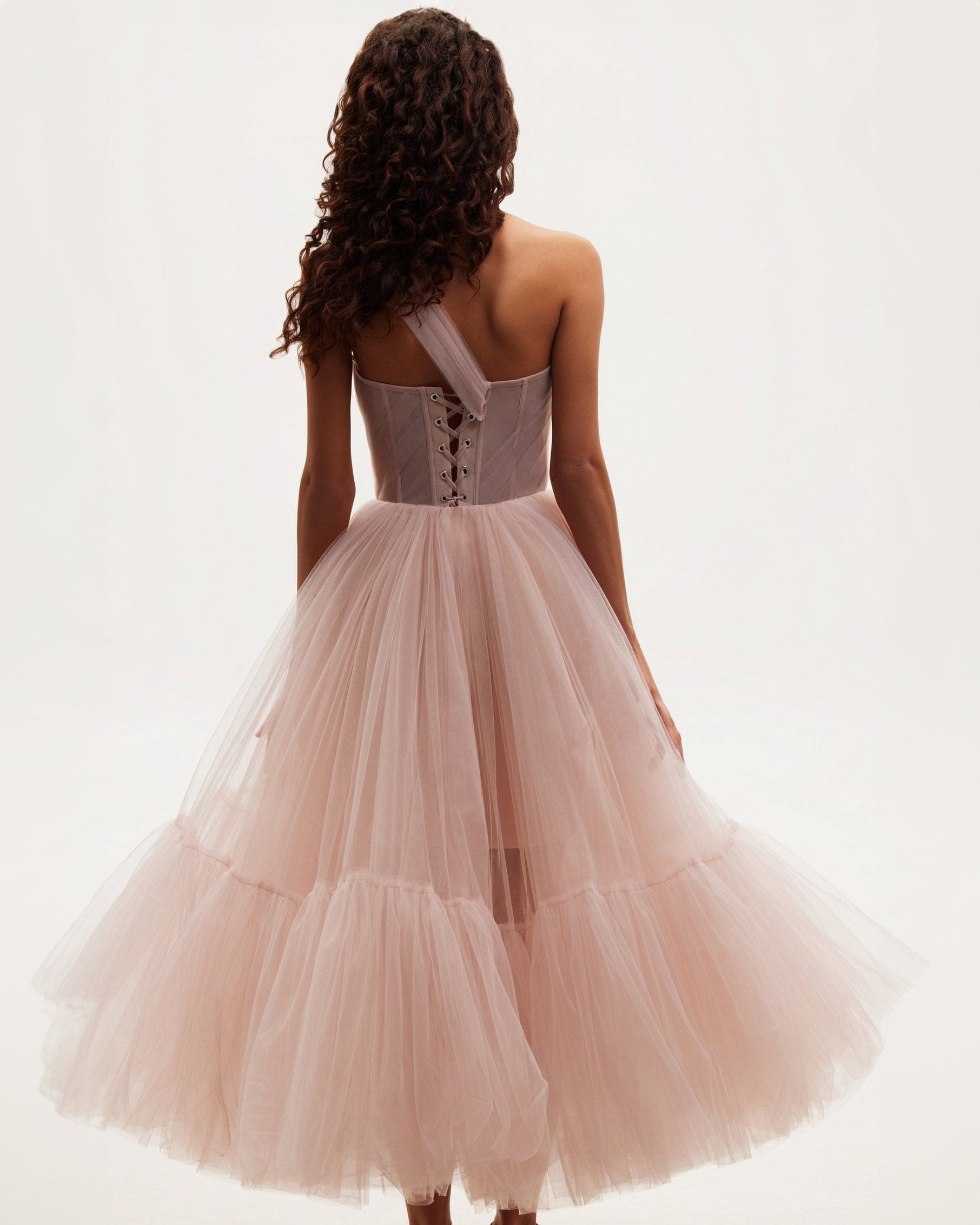 MISTY ROSE ONE-SHOULDER TULLE COCKTAIL DRESS