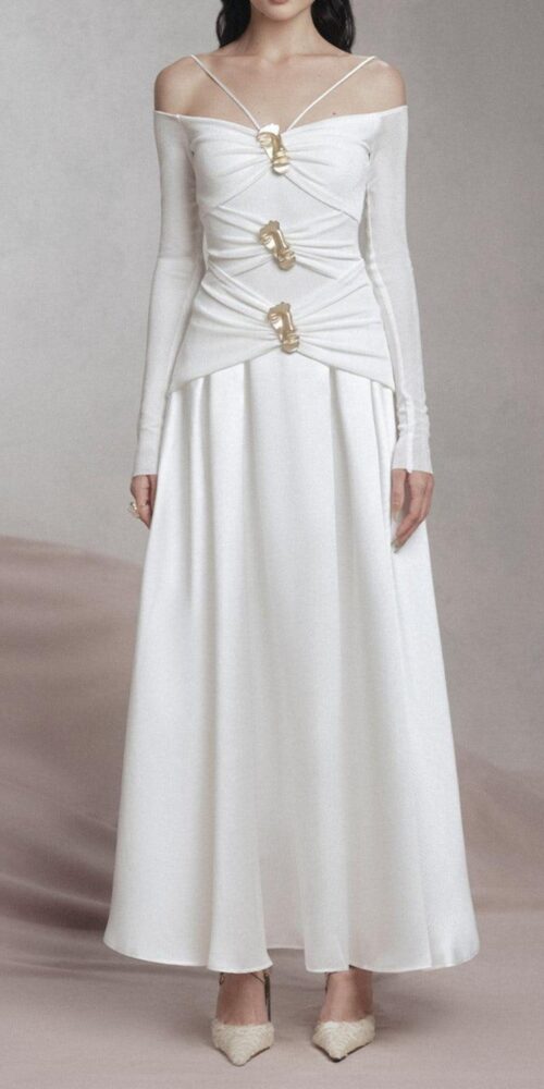 white A-line Cold Shoulder Sleeved Spandex Taffeta Maxi Dress