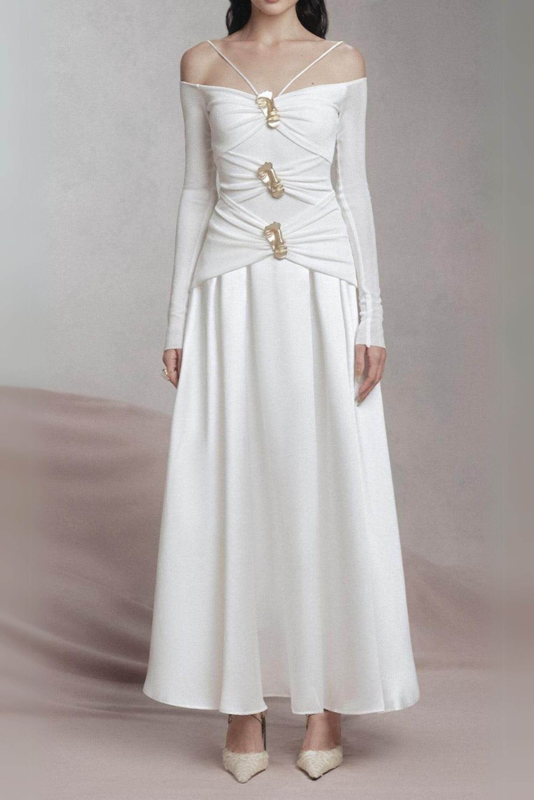 white A-line Cold Shoulder Sleeved Spandex Taffeta Maxi Dress