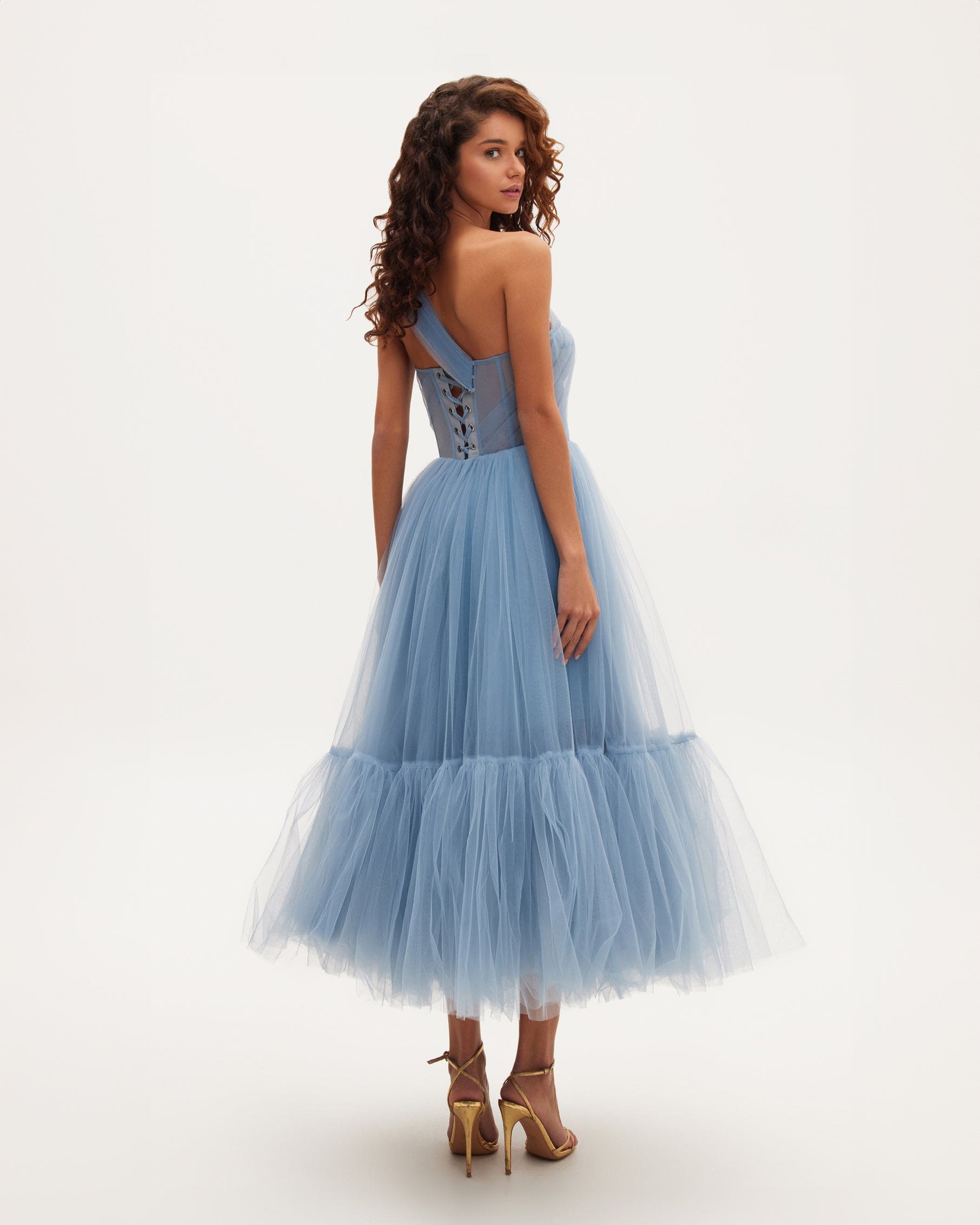LIGHT BLUE ONE-SHOULDER TULLE COCKTAIL DRESS