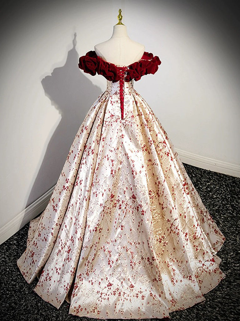 A-LINE OFF-SHOULDER SATIN VELVET CHAMPAGNE GOWN