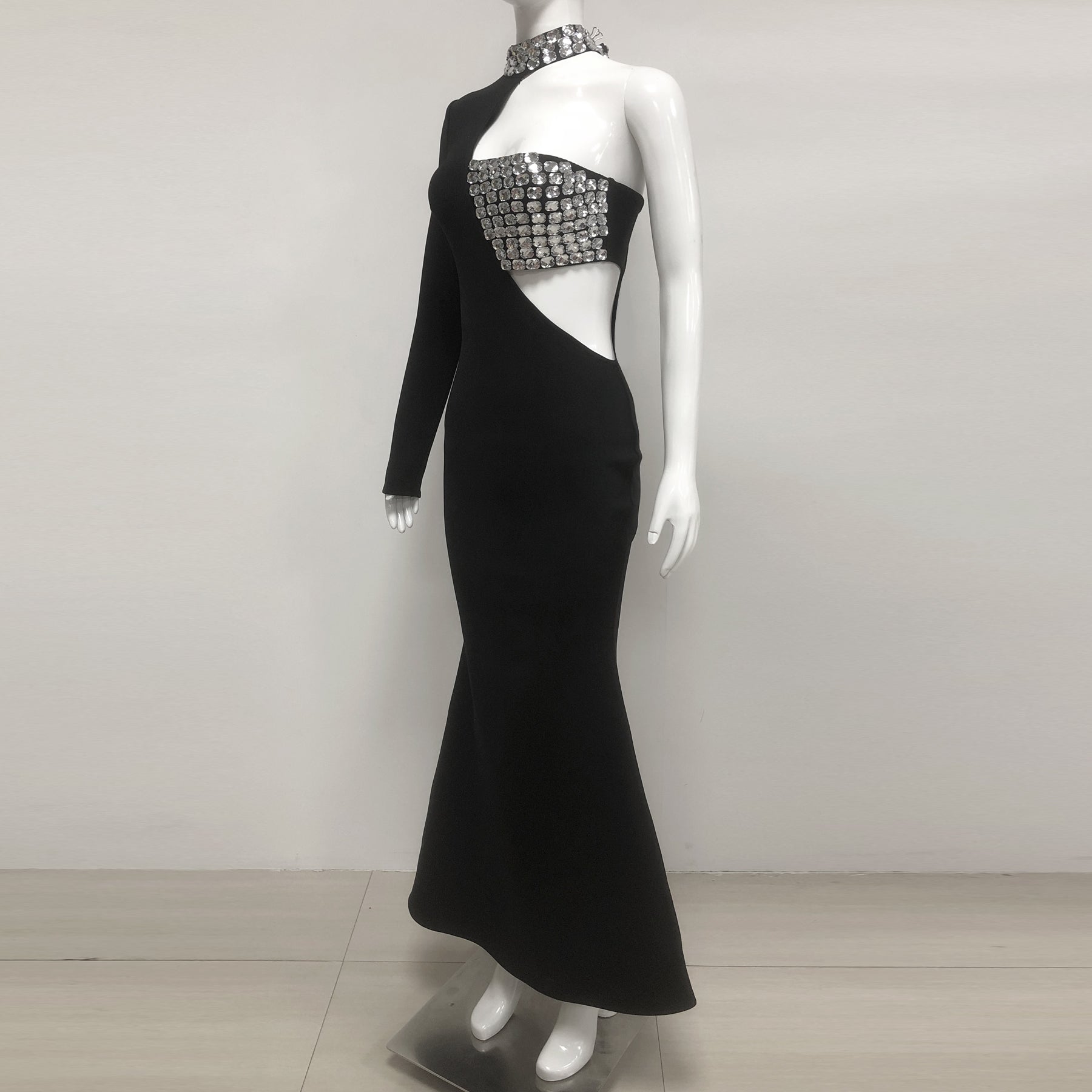 CRYSTAL ONE-SLEEVE CUT-OUT MAXI DRESS, BLACK