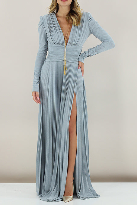 MEROY PUFF SLEEVE DEEP V PLEATED MAXI DRESS, BLUE