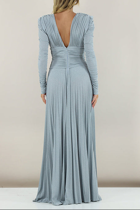 MEROY PUFF SLEEVE DEEP V PLEATED MAXI DRESS, BLUE