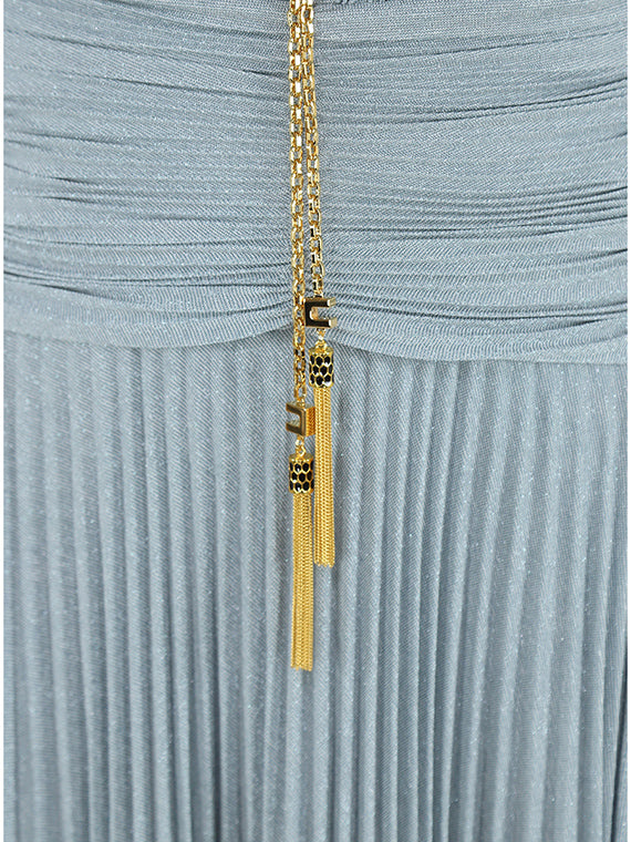 MEROY PUFF SLEEVE DEEP V PLEATED MAXI DRESS, BLUE
