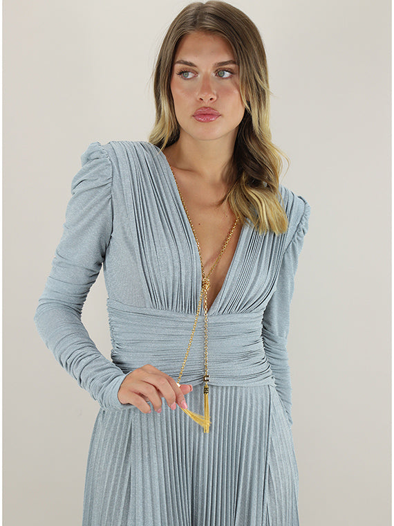 MEROY PUFF SLEEVE DEEP V PLEATED MAXI DRESS, BLUE