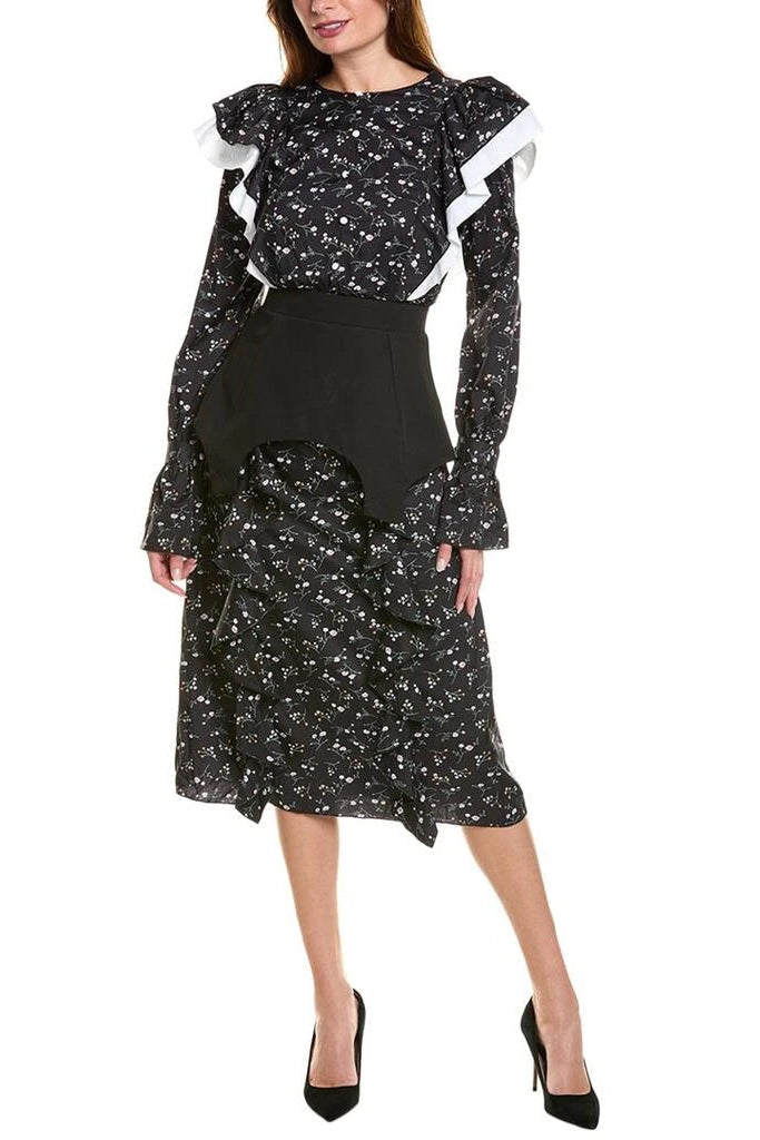 SEBASTIANE FLORAL MIDI DRESS, BLACK RUFFLE