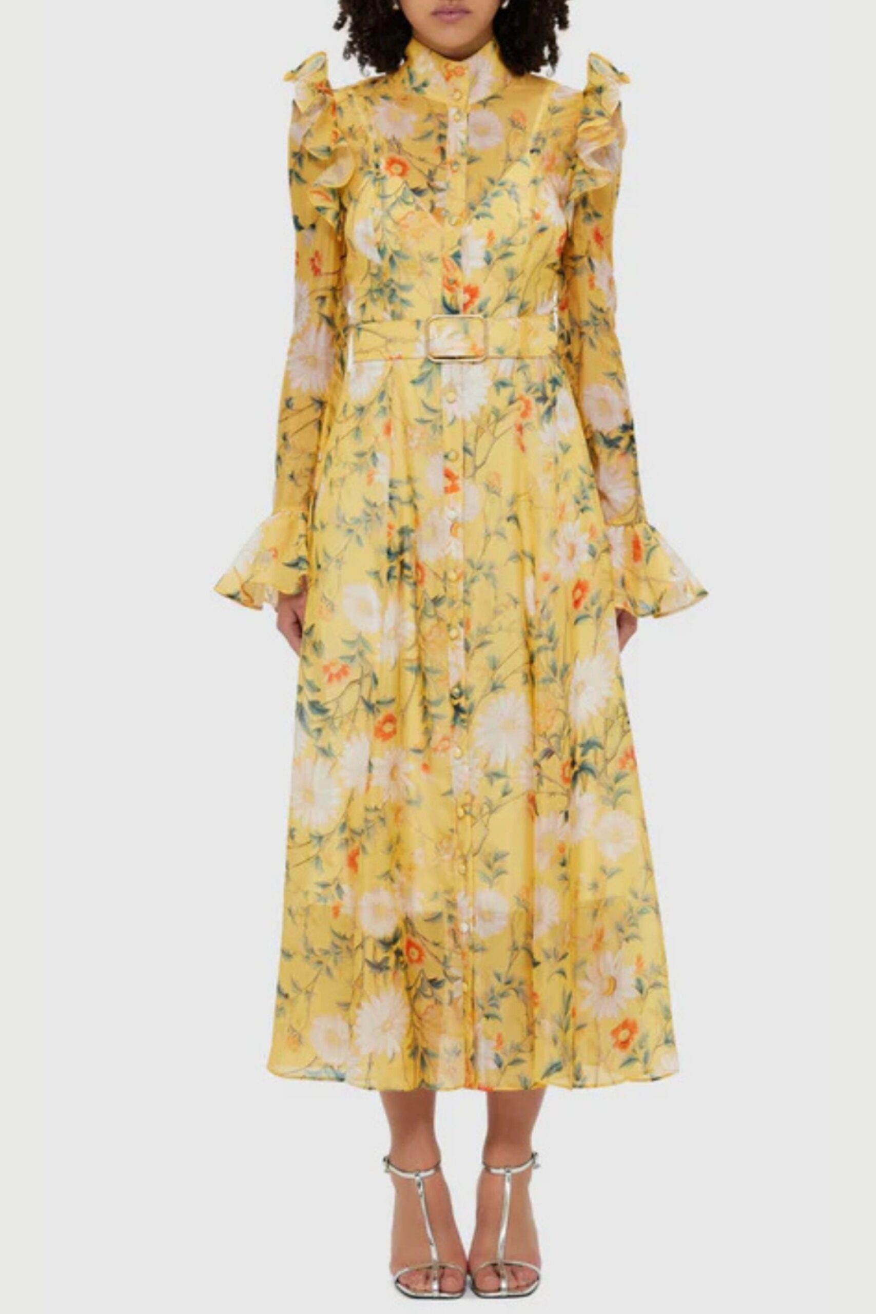 YELLOW DAISY PRINT BUTTERFLY SLEEVE MIDI DRESS