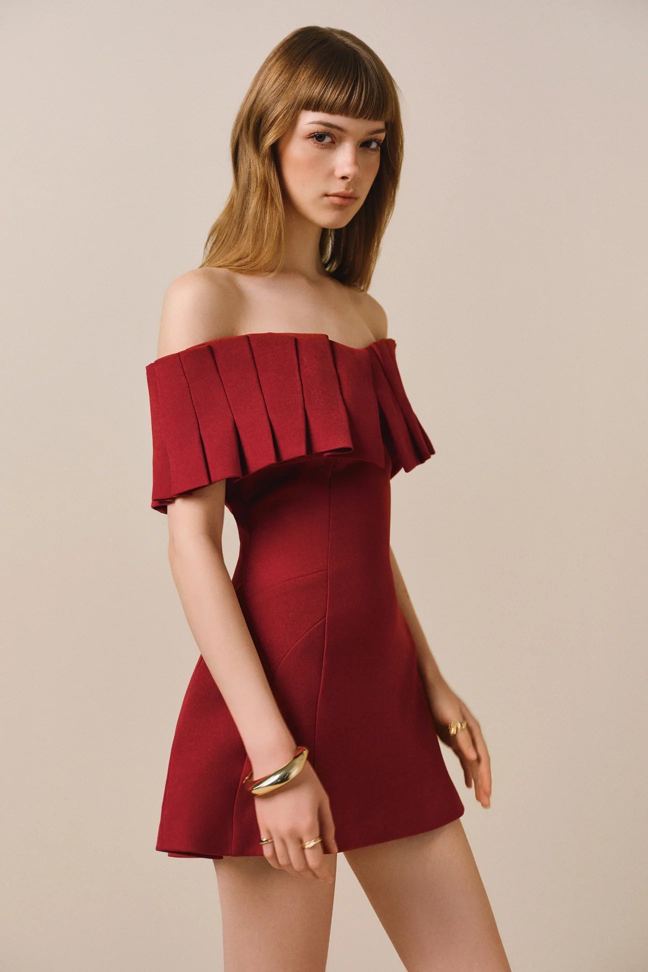 MARCIA OFF-SHOULDER PLEATED RED MINI DRESS
