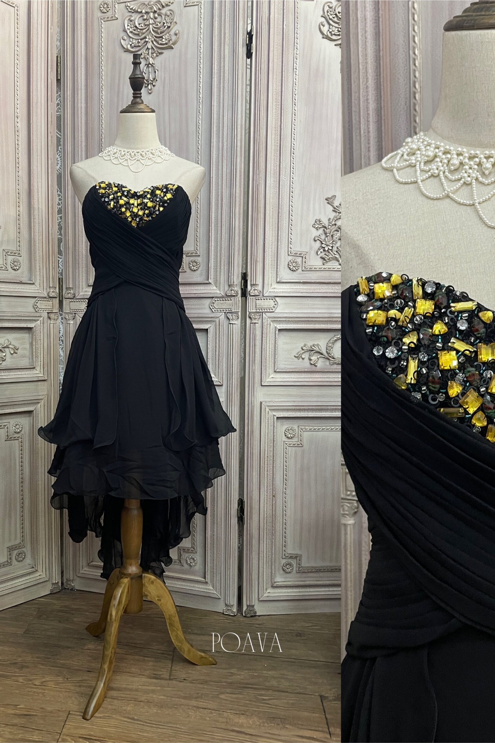 CHIFFON STRAPLESS EMBELLISHED MIDI DRESS BLACK